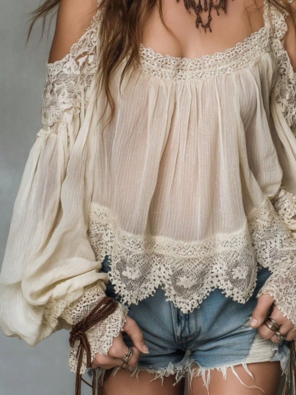 Off White Boho Women's Off Shoulder Lace Trim Chiffon Blouse - Picture 3 of 3
